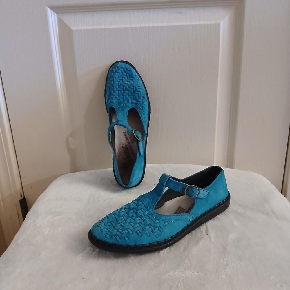 Rieker Teal Woven Suede Leather Mary Jane Flats Comfort Granola Gorpcore Boho